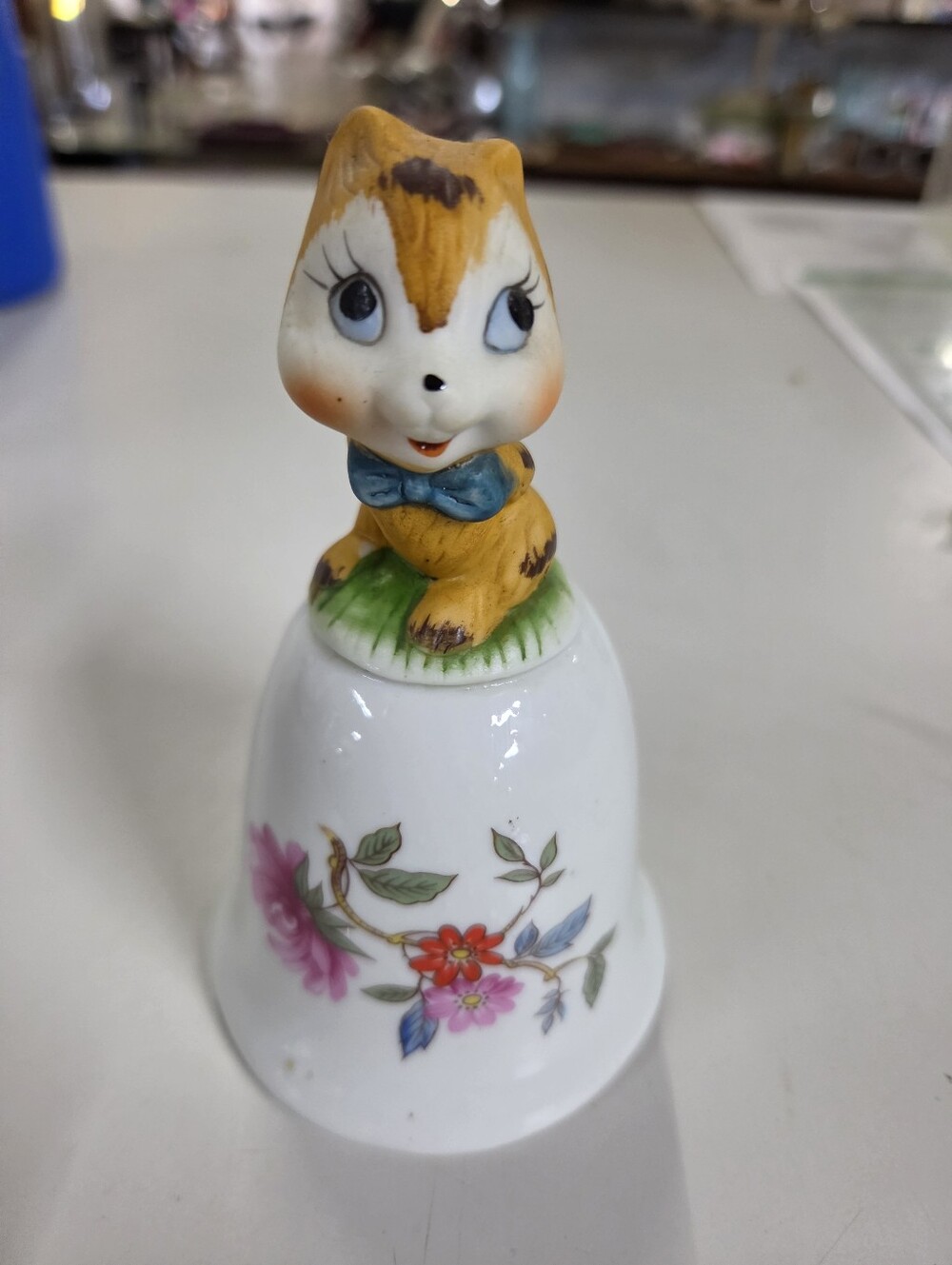 Vintage Ceramic Woodland Chipmunk Bell Hand Painted Floral Blue Bow Tie Kitschy